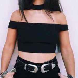 LF Black Choker Off Shoulder Crop Top